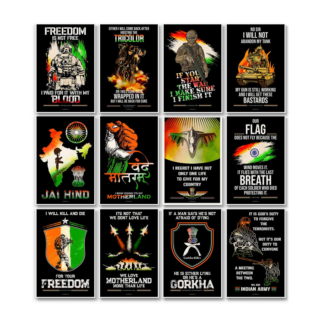 Set of 12 - Patriotic Posters, Indian Army Poster, Armed Forces, Bravehearts, Aazadi Ka Amrit Mahotsav Poster, Gift for Soldiers, Gift for Veterans